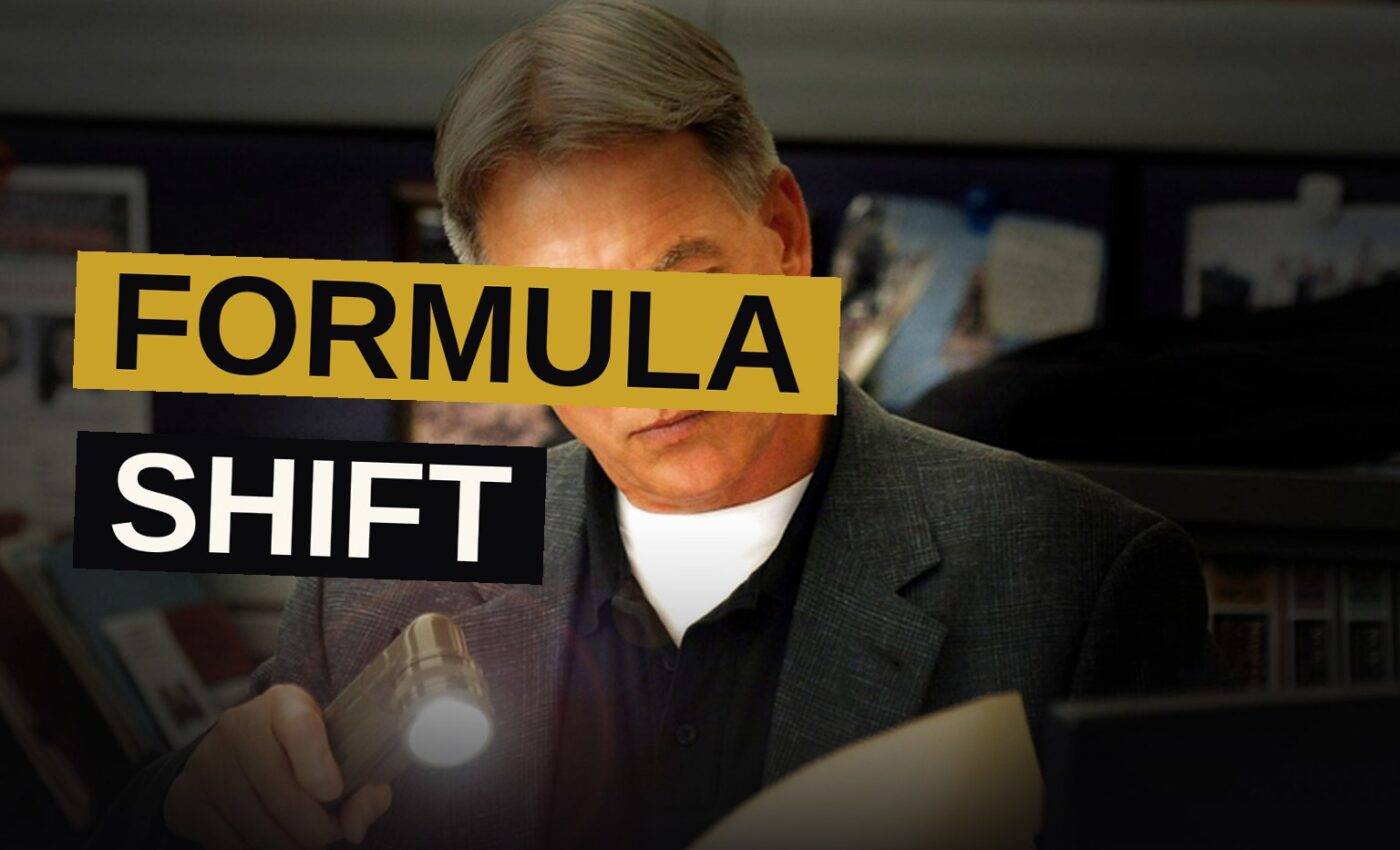 An empty NCIS office at dusk, with two desks facing each other and a file folder labeled 'Fornell' on one desk.