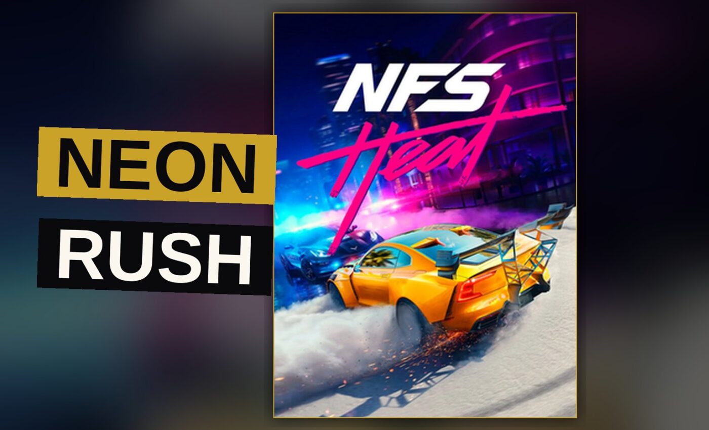 A racer drives through a neon-lit city street at night, chased by flashing police lights.