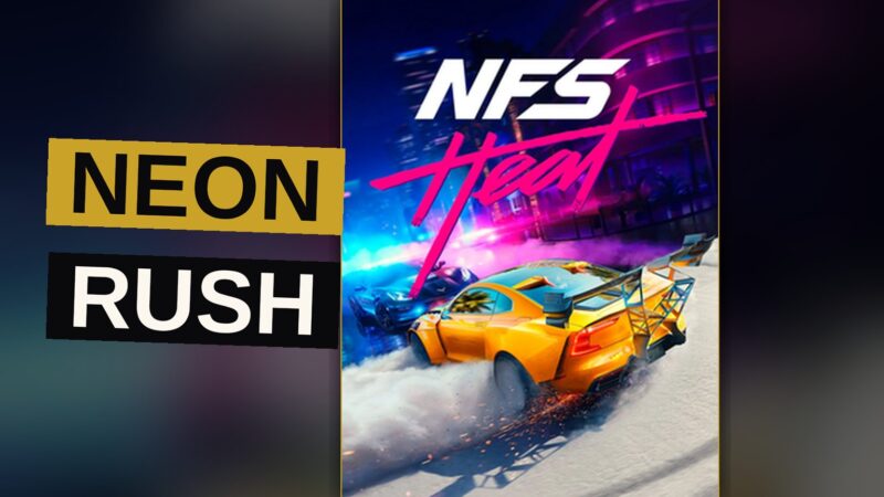 A racer drives through a neon-lit city street at night, chased by flashing police lights.