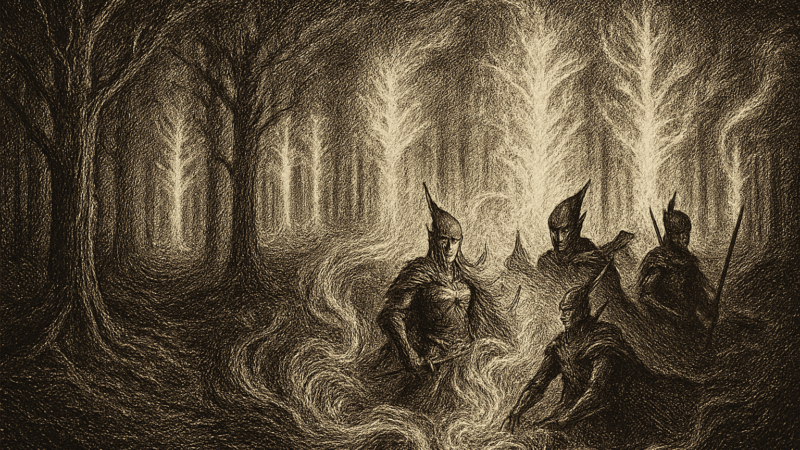 A phantom multitude of Forests spring into being about an Elfin figure, whose touch wakens boundless verdant power.