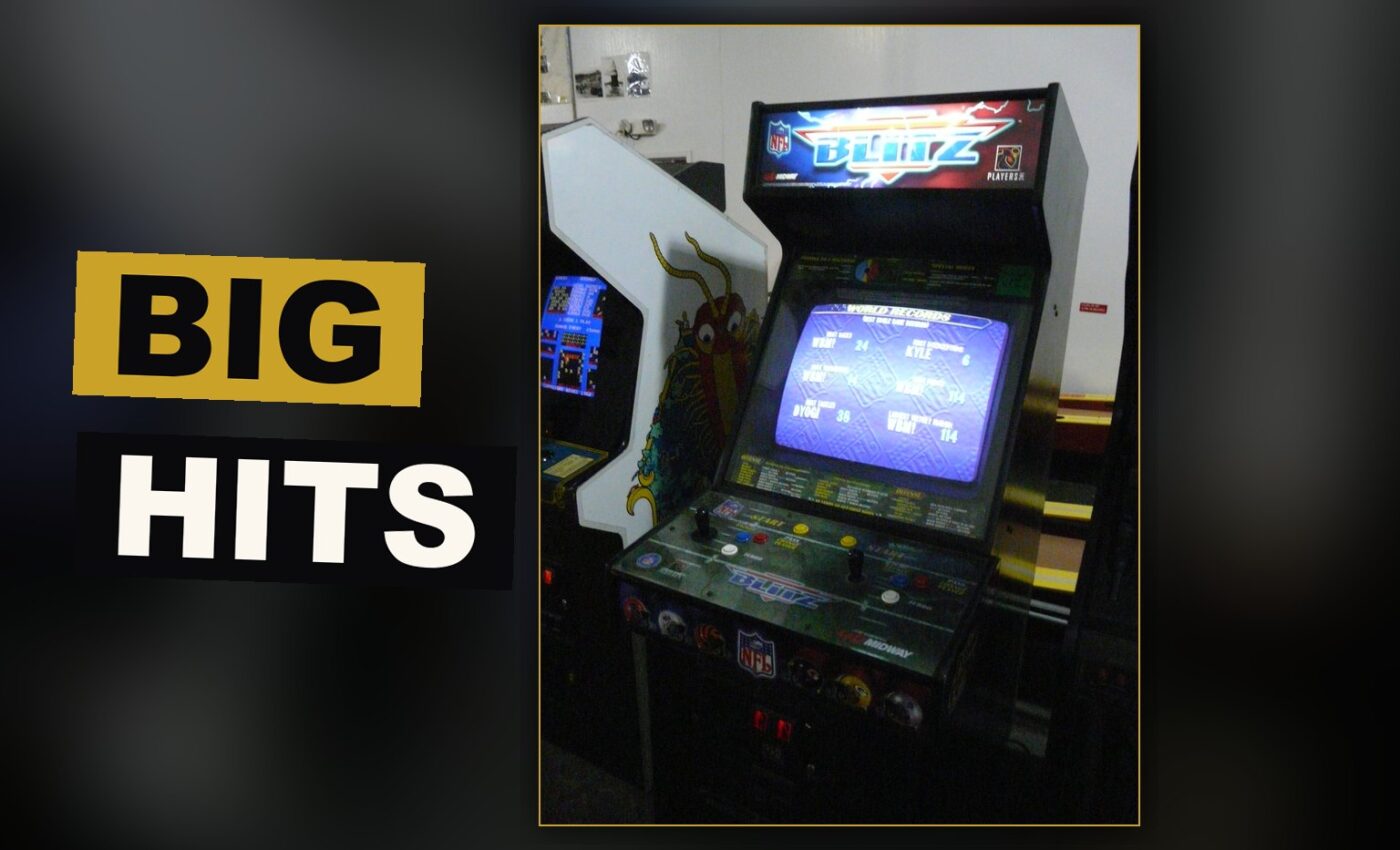 A player delivers a wild, spirited hit upon another during a fast arcade football contest.