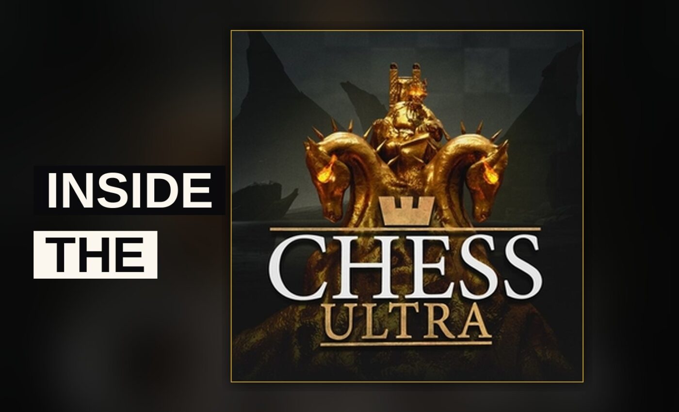 A player reaches into a glowing, twisting chessboard maze to grasp a knight piece.