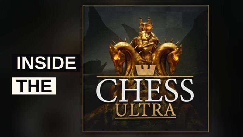 A player reaches into a glowing, twisting chessboard maze to grasp a knight piece.