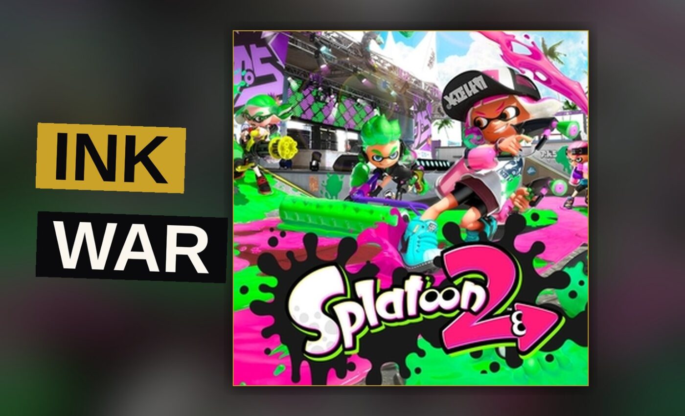 A squid-like agent sprays ink across a colorful arena in a fast-paced multiplayer battle.