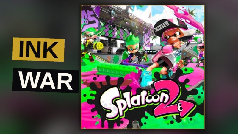 A squid-like agent sprays ink across a colorful arena in a fast-paced multiplayer battle.