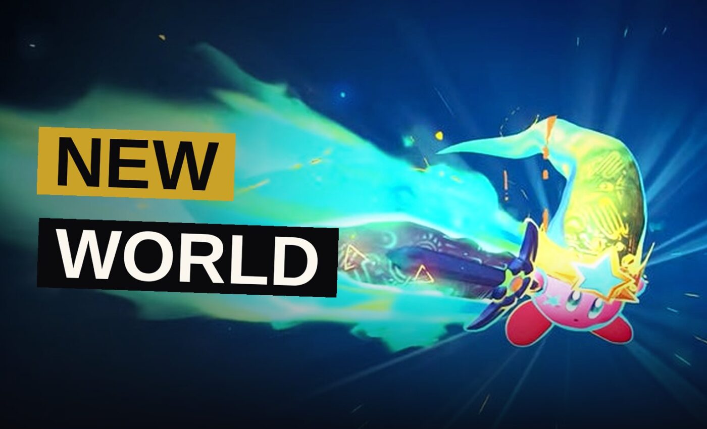 Kirby wields a glowing sword and gazes toward a mysterious ancient world beyond his colorful homeland.