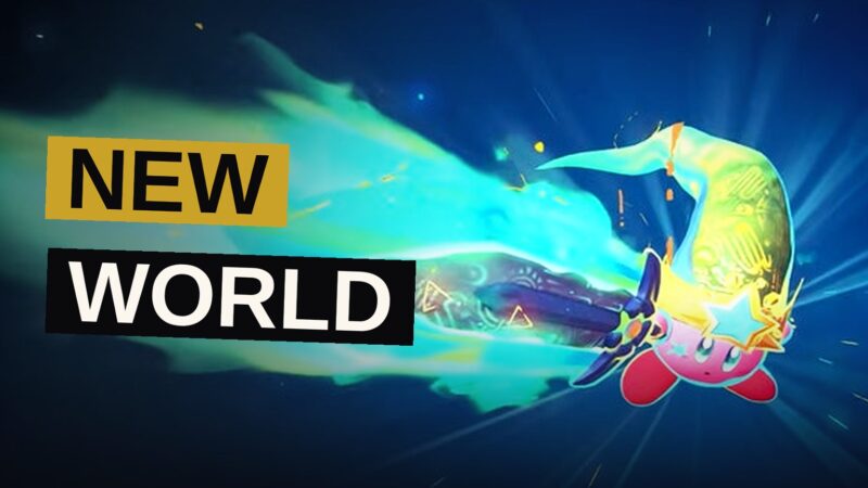 Kirby wields a glowing sword and gazes toward a mysterious ancient world beyond his colorful homeland.
