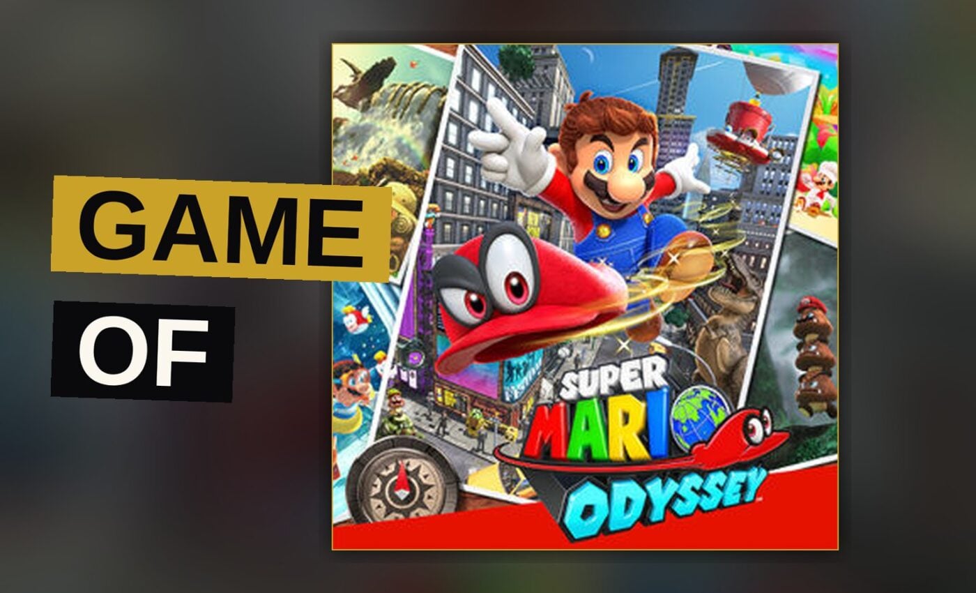 Mario in a suit and tie leaps through a neon city street with his sentient hat flying beside him.