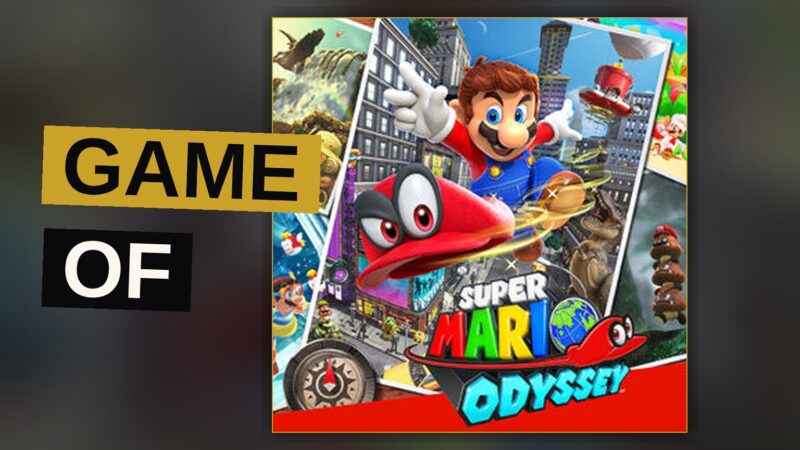 Mario in a suit and tie leaps through a neon city street with his sentient hat flying beside him.