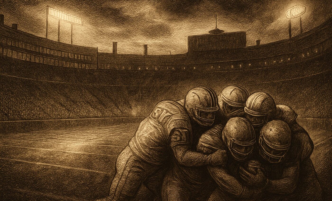 A grand and haunted field where university heroes gather beneath the evening sky at Lambeau, awaiting the dreadful commencement of the game.
