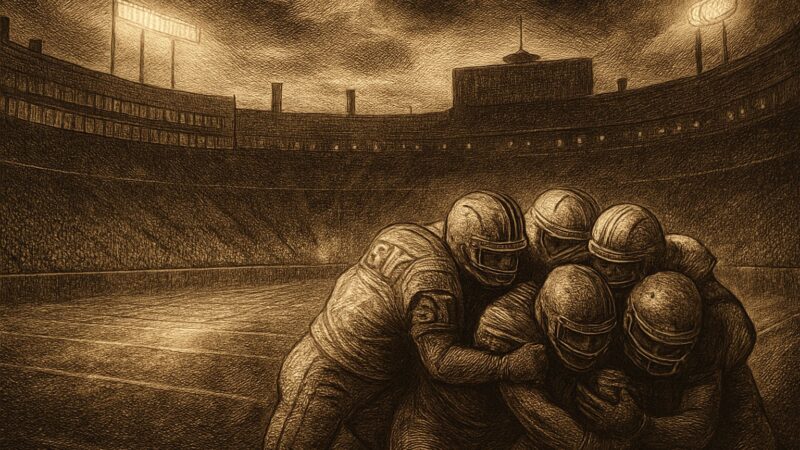 A grand and haunted field where university heroes gather beneath the evening sky at Lambeau, awaiting the dreadful commencement of the game.