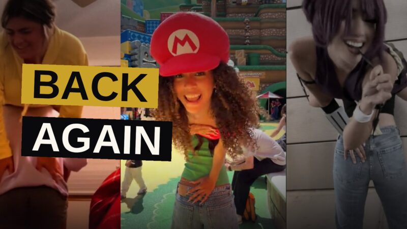 Two people perform the upside-down hold dance move popularized by the No Type Challenge on TikTok.