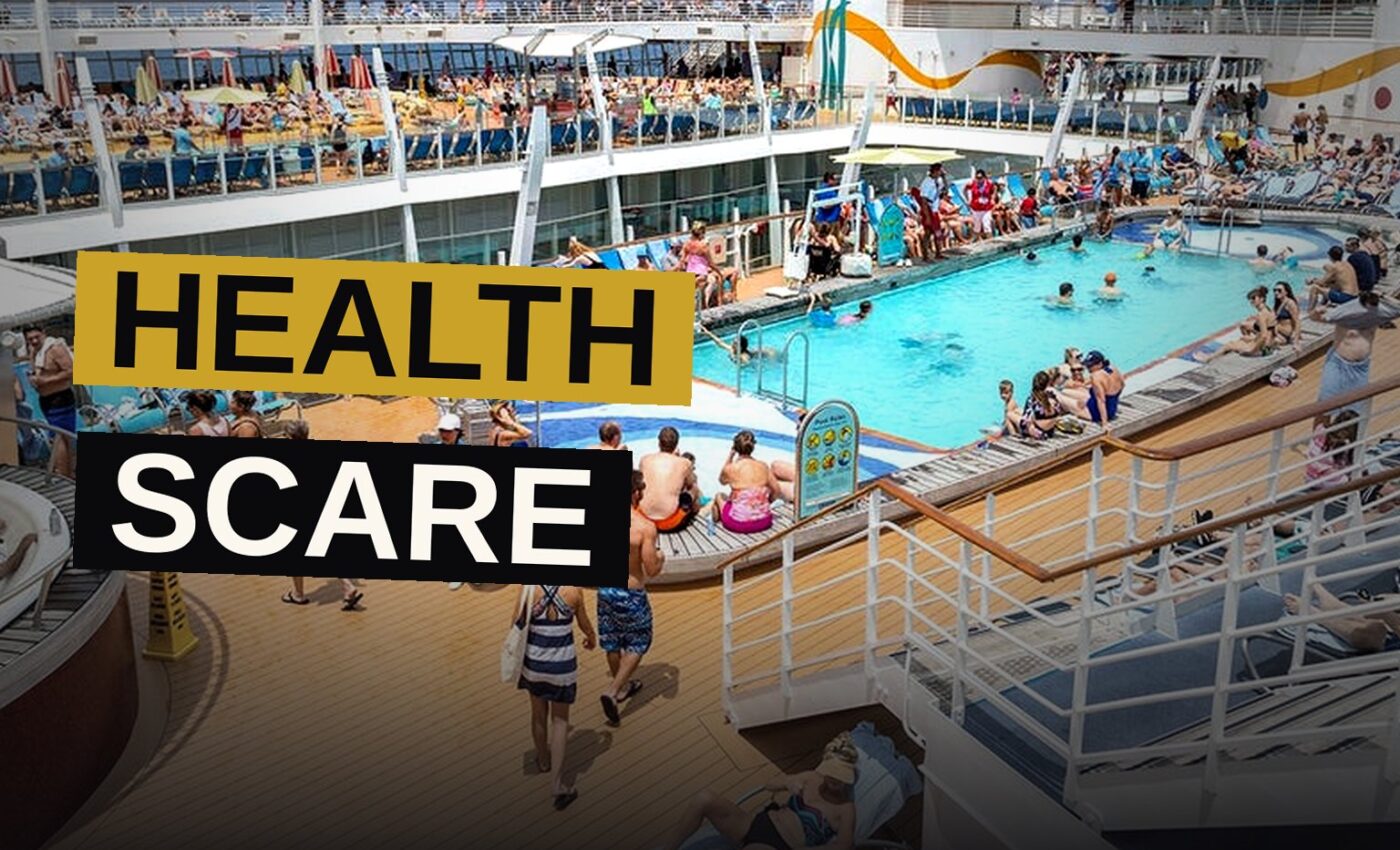 An empty cruise ship hot tub sits dark and quiet on the deck as a health warning looms.