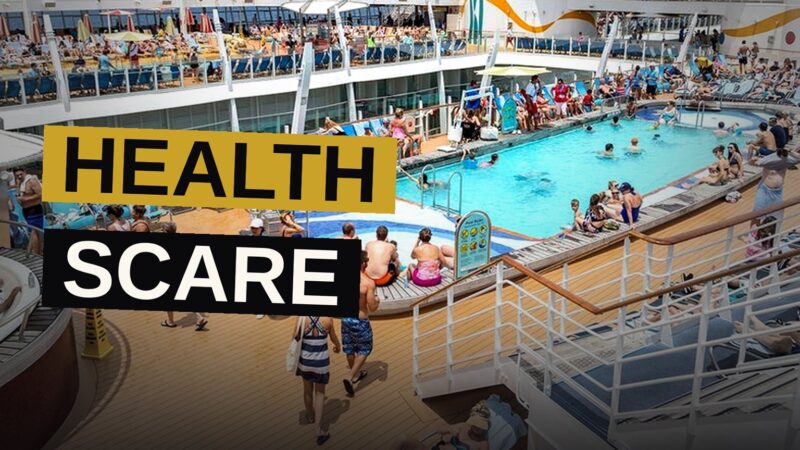 An empty cruise ship hot tub sits dark and quiet on the deck as a health warning looms.