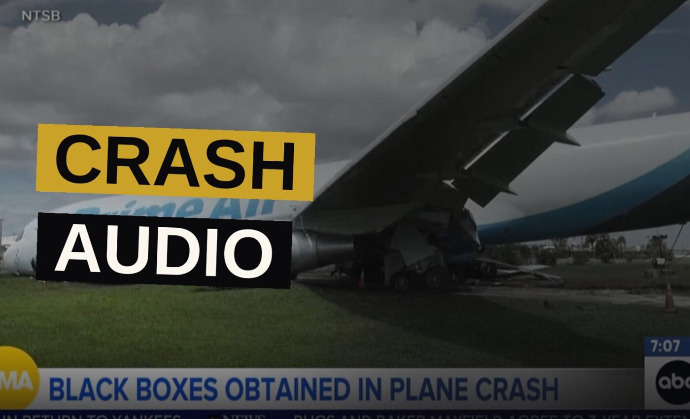 Emergency vehicles surround the wreckage of a cargo plane on a Miami runway at dusk.