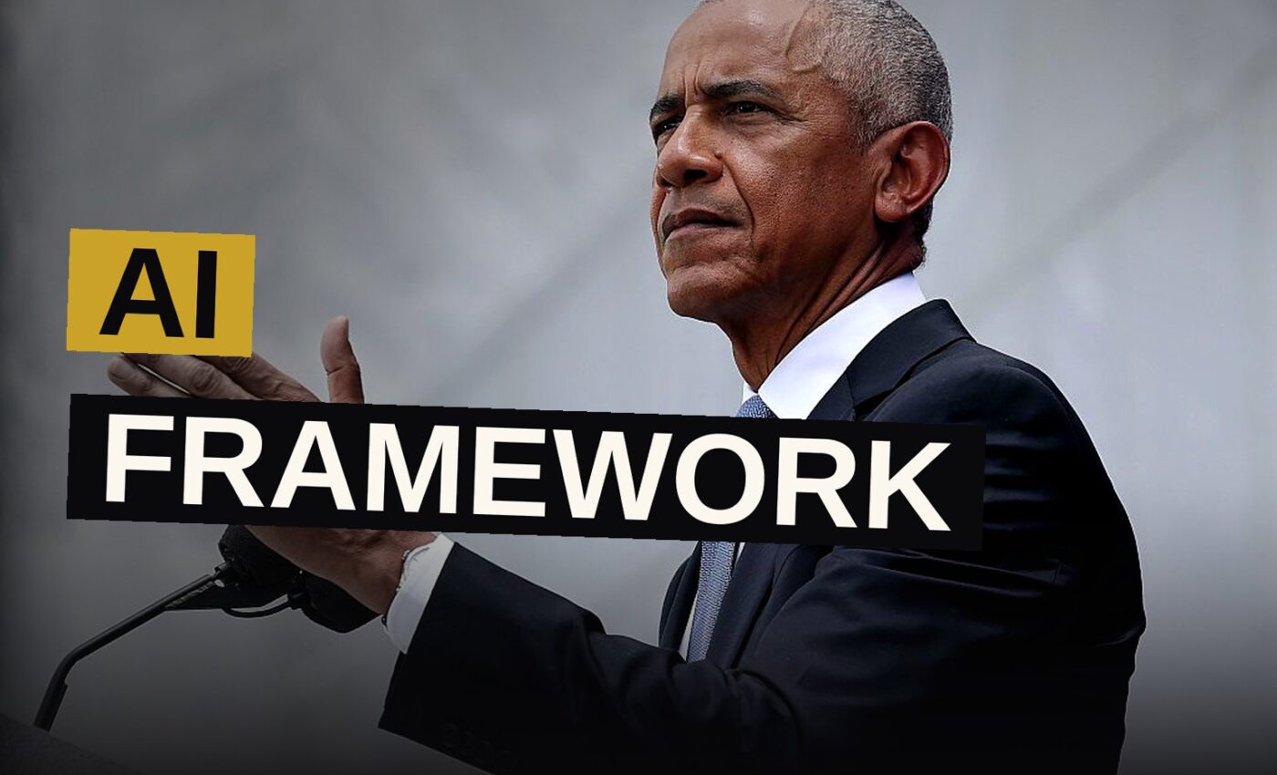 A holographic AI projection hovers above a presidential podium while a crowd watches below.