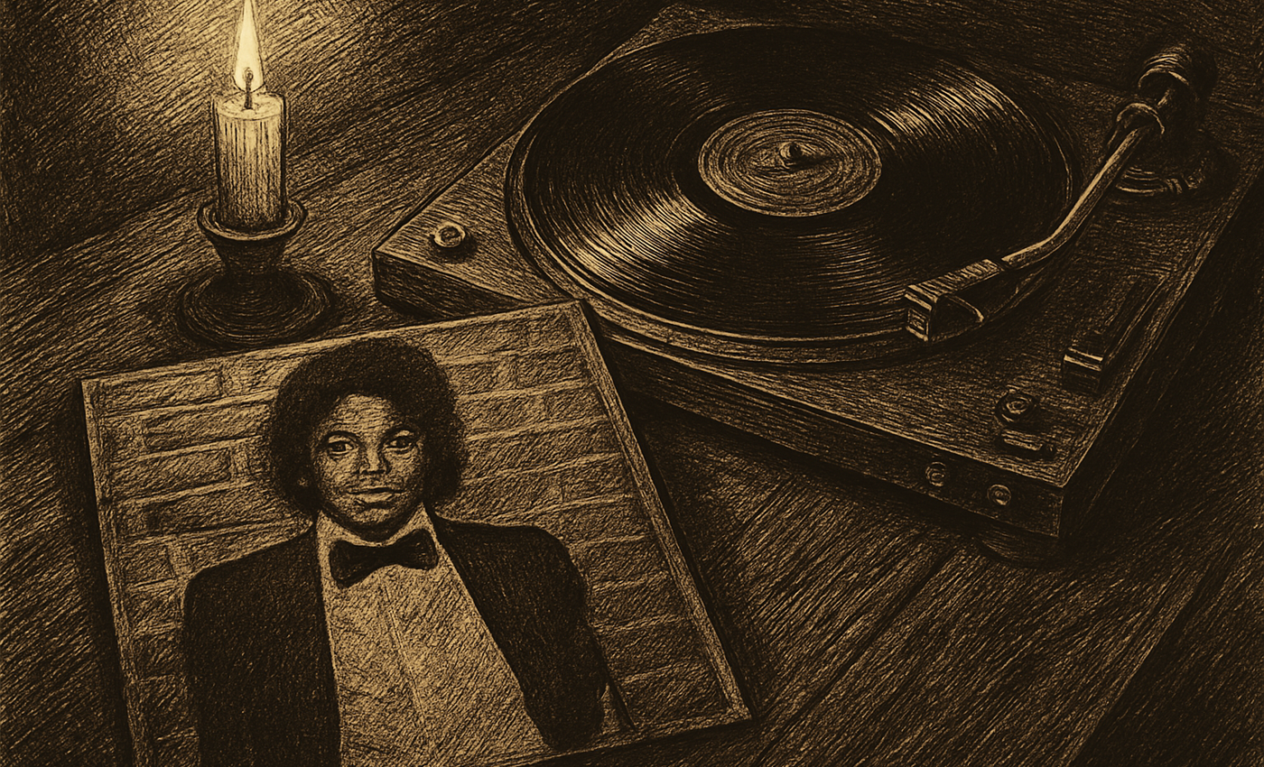 A vintage Off the Wall vinyl record spinning on a turntable, with the album cover art visible in the background.