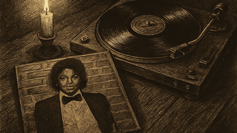 A vintage Off the Wall vinyl record spinning on a turntable, with the album cover art visible in the background.
