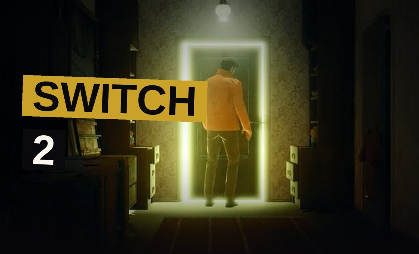 A man holding a glowing handheld console stands in a foggy, dimly lit town street.