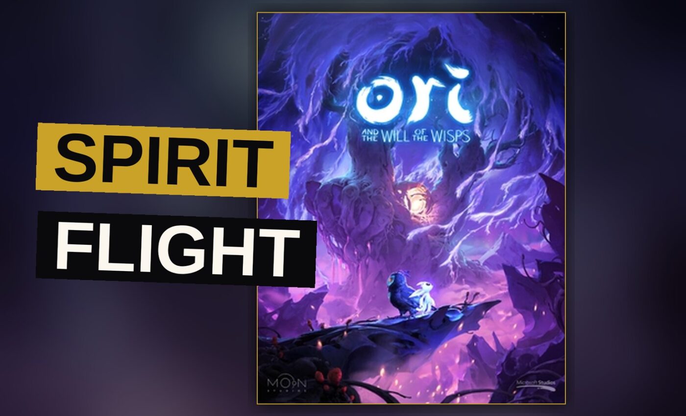 A luminous spirit and a young owl take flight together above a glowing, water-filled cavern.