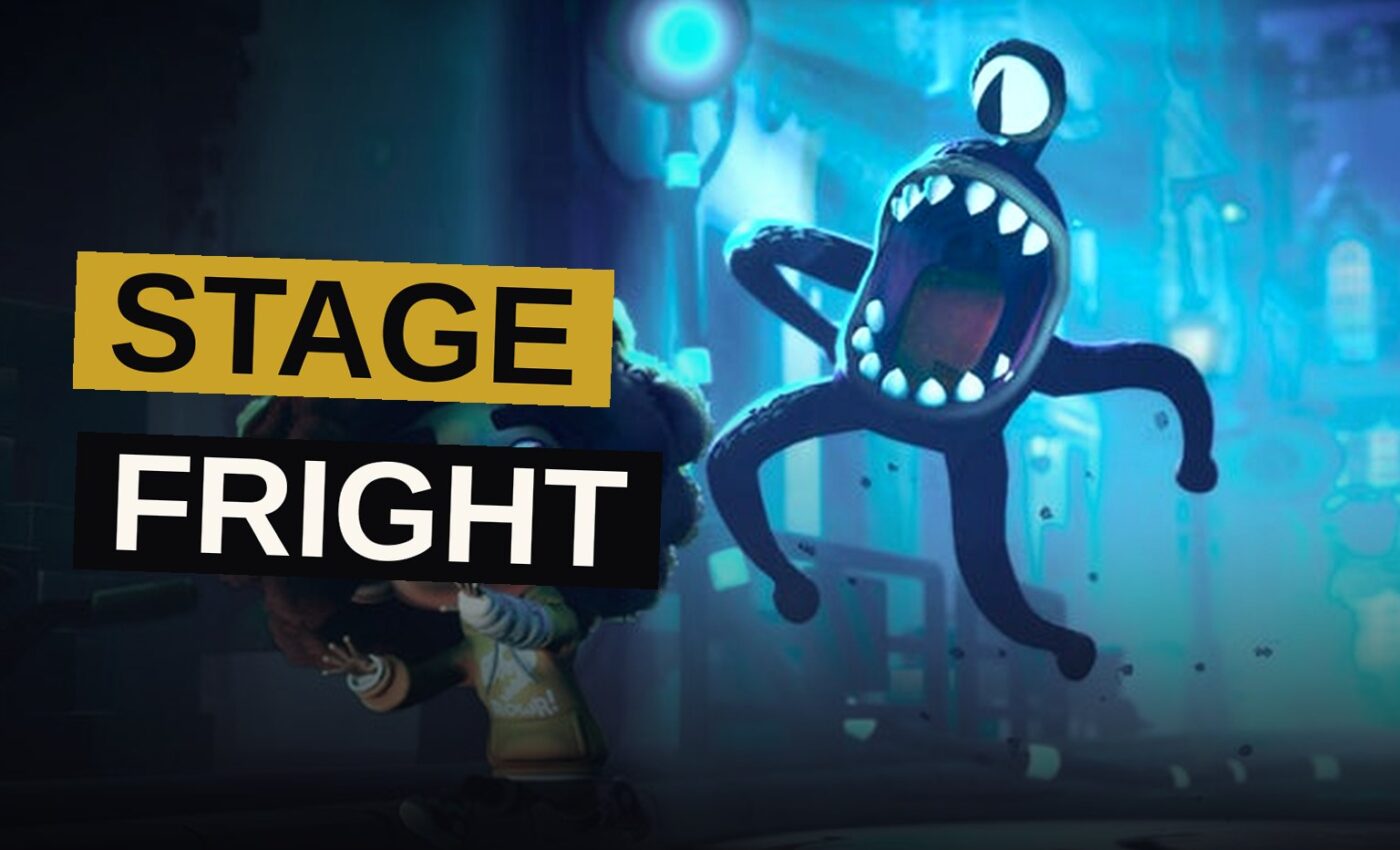 A hand-drawn style illustration of a spooky yet cozy haunted town at dusk, with three young heroes holding flashlights in front of a quirky old theater.