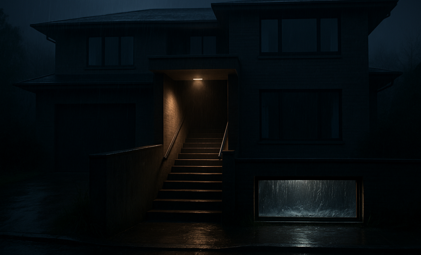 A great house of glass and stone conceals beneath it another dwelling, drowned in secret waters.