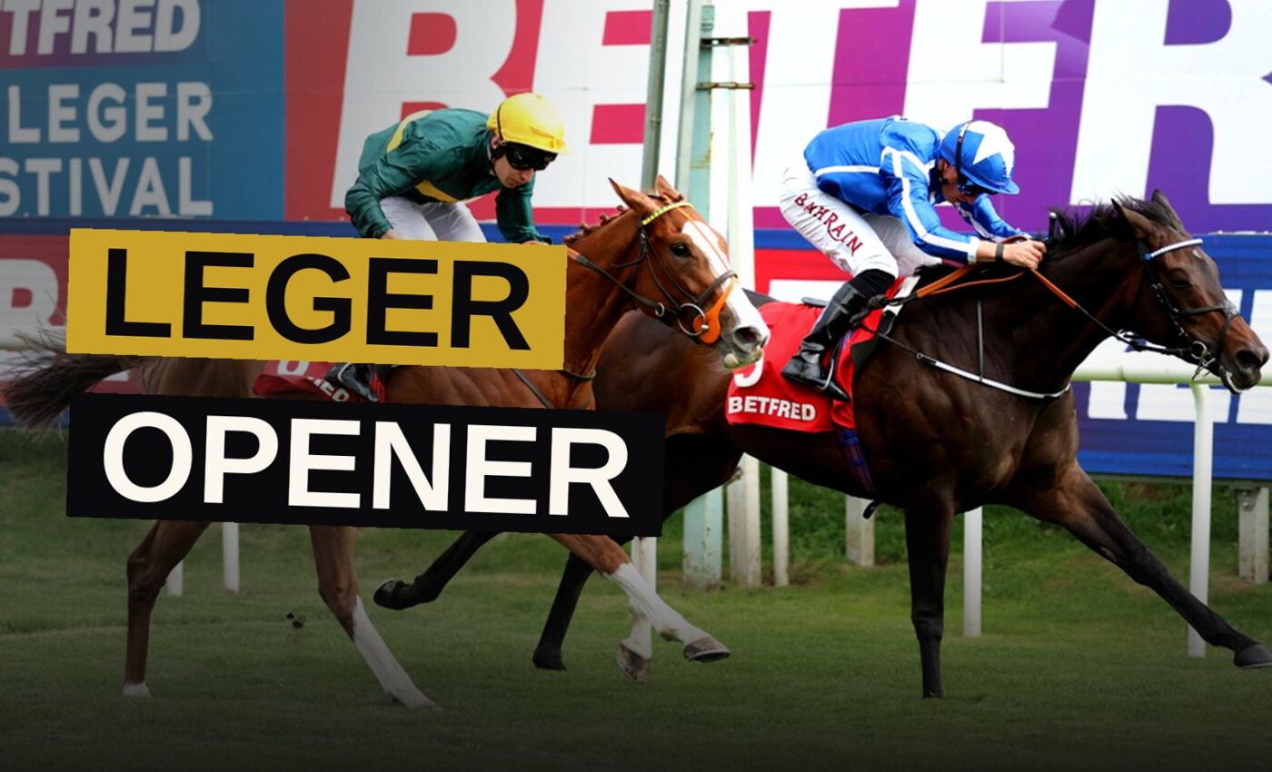Horse racing at Doncaster with horses and riders competing on the turf in front of the stands.