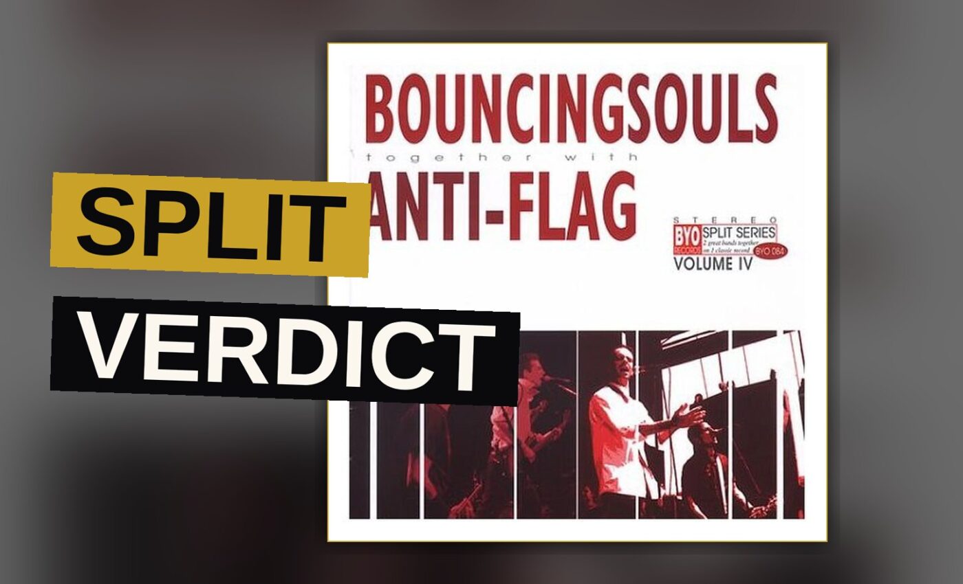 A vinyl record split in two halves, one side showing a sunny skateboard scene and the other a bold political fist graphic, on a dark club stage.