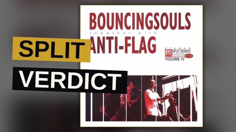 A vinyl record split in two halves, one side showing a sunny skateboard scene and the other a bold political fist graphic, on a dark club stage.