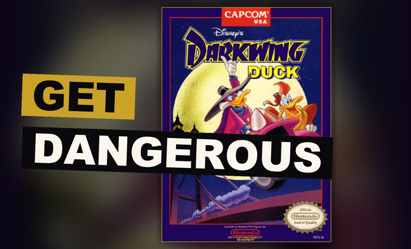 A masked duck hero holds his gas gun high upon a roof beneath a dim moon.