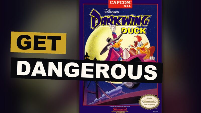 A masked duck hero holds his gas gun high upon a roof beneath a dim moon.