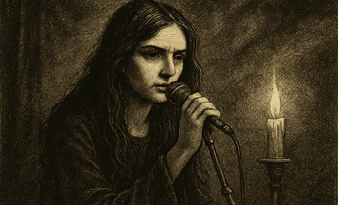 A woman performs energetically under dim light on a small stage.