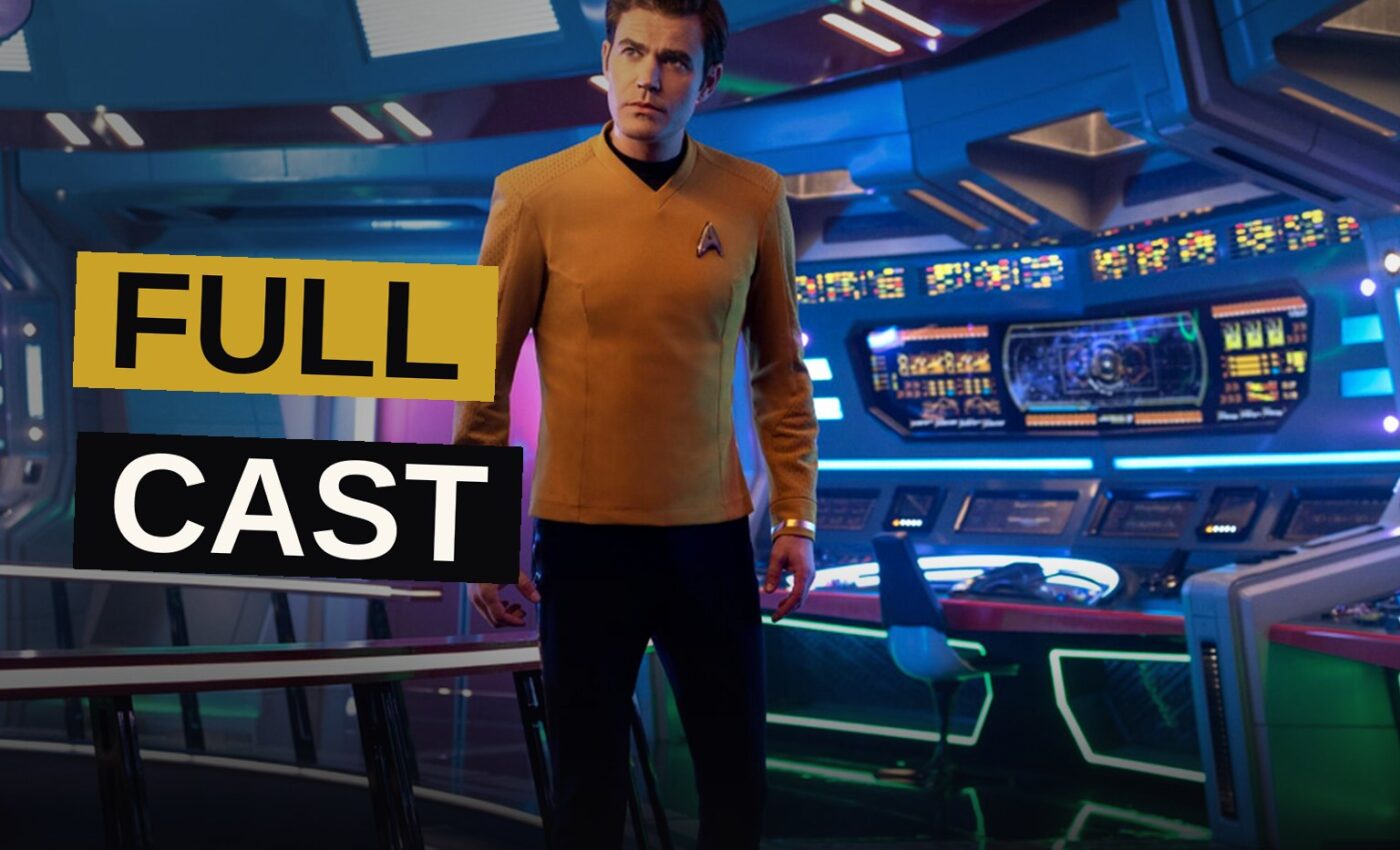 Captain Kirk's crew stands together on the bridge of the USS Enterprise in a dramatic ensemble scene.