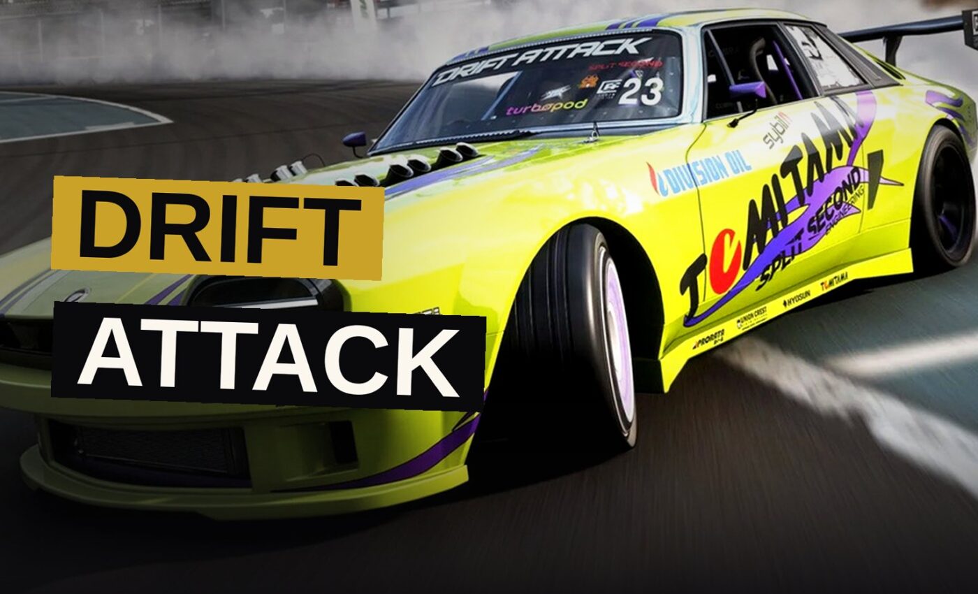 A car drifts sideways on a racetrack lit by neon lights.