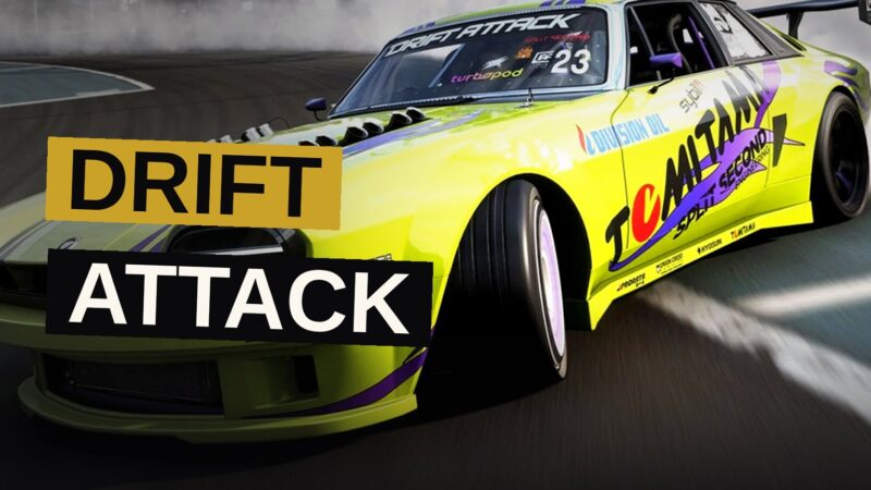 A car drifts sideways on a racetrack lit by neon lights.