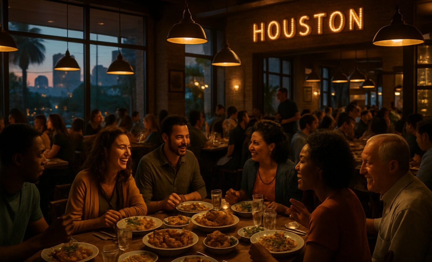 Guests sit close about a table of food, their gathering a quiet gift unto those in want.