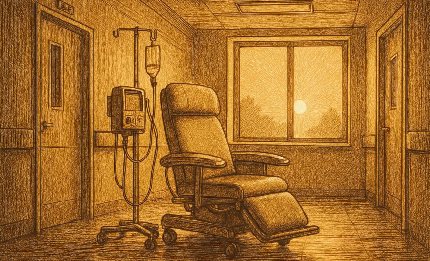 A dialysis chair by a hospital window