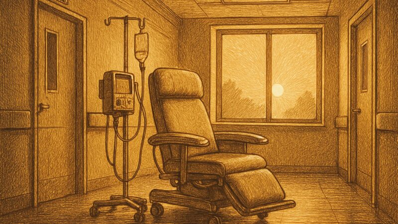 A dialysis chair by a hospital window