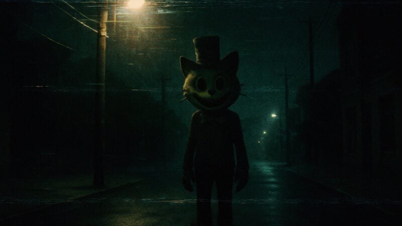 A strange figure in a hat, resembling a cat, does not truly appear upon the darkened street, being but a shadow wrought by artifice.