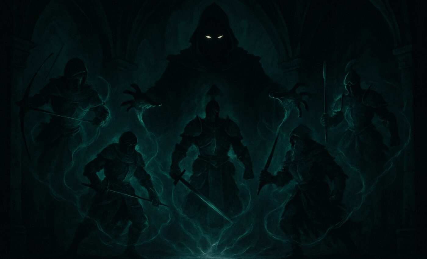 A pale contriver stands amid four stilled figures within an ancient, dim, and dreadful chamber.