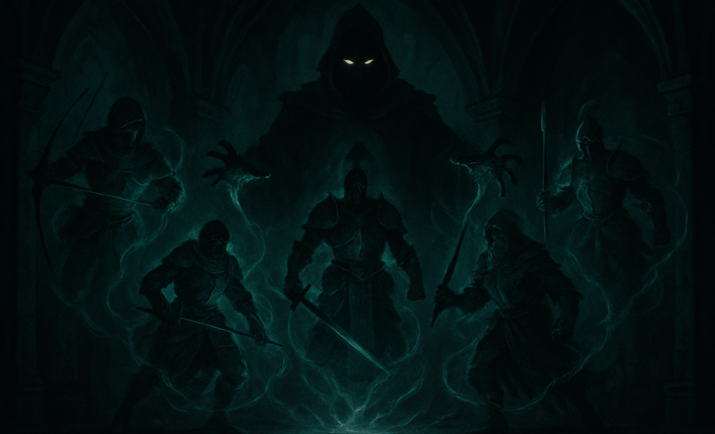 A pale contriver stands amid four stilled figures within an ancient, dim, and dreadful chamber.