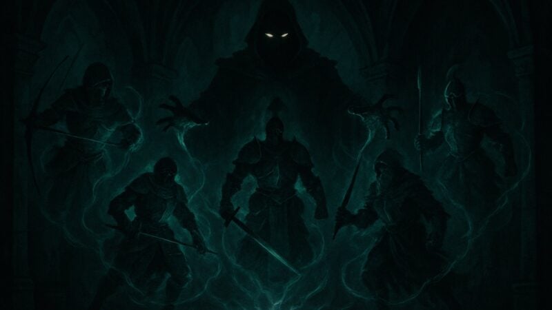 A pale contriver stands amid four stilled figures within an ancient, dim, and dreadful chamber.