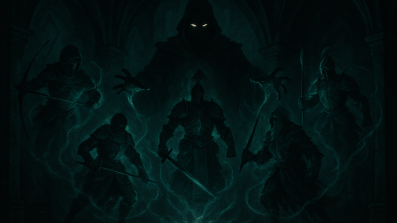 A pale contriver stands amid four stilled figures within an ancient, dim, and dreadful chamber.