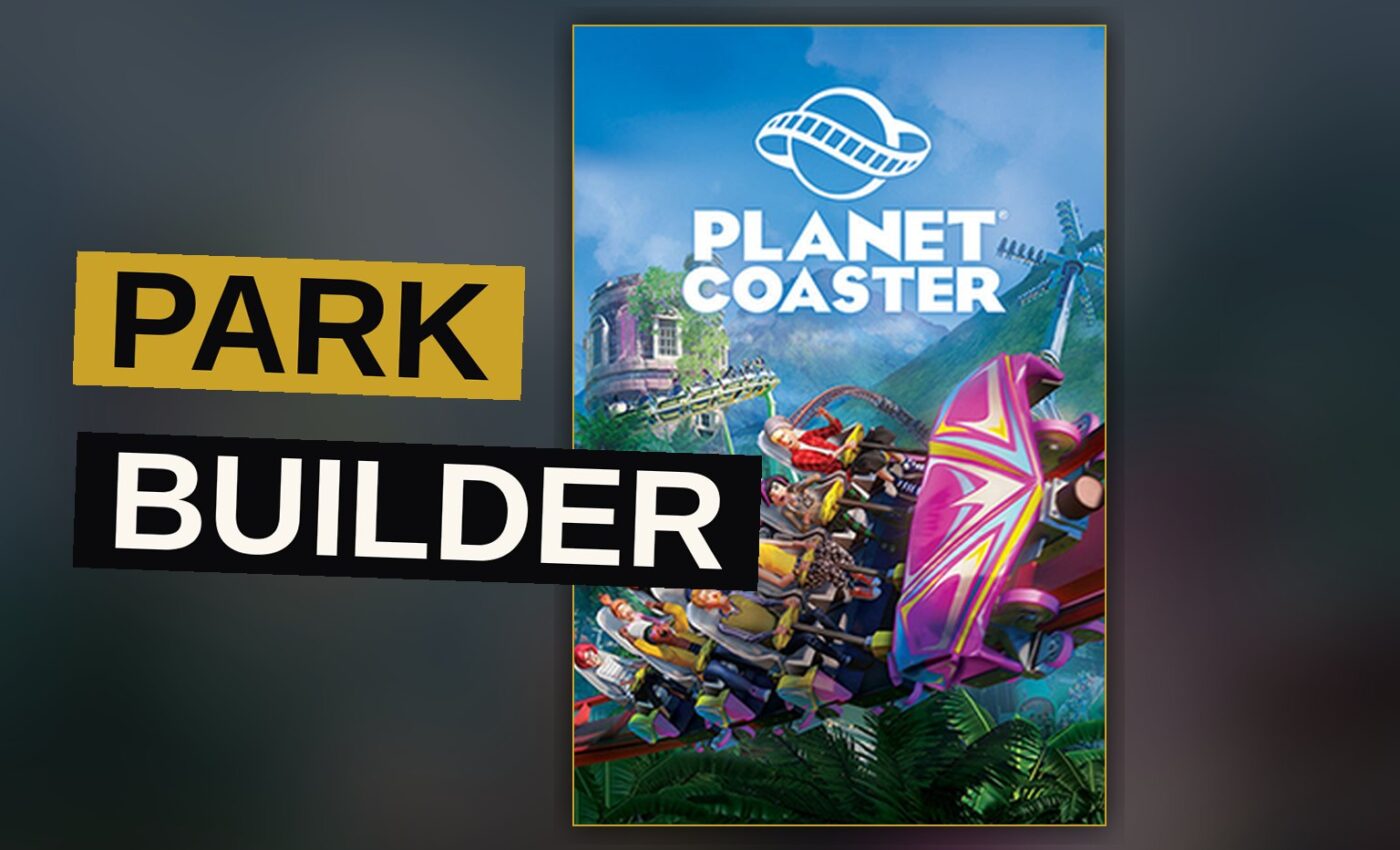 A colorful theme park with guests walking among rides under a warm evening sky.
