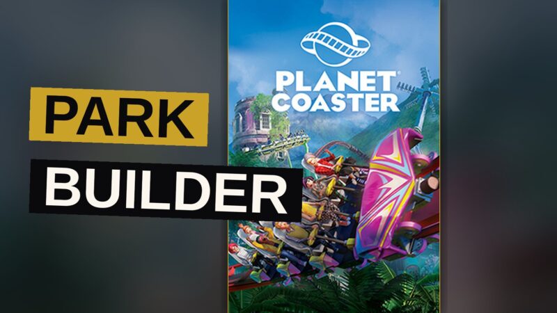 A colorful theme park with guests walking among rides under a warm evening sky.