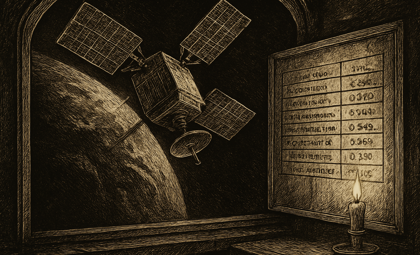 A satellite floats above Earth, with a subtle holographic data table showing orbital information.