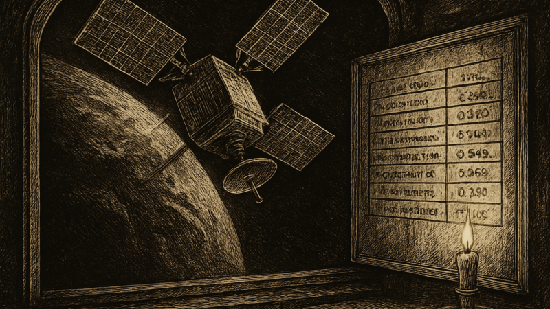 A satellite floats above Earth, with a subtle holographic data table showing orbital information.