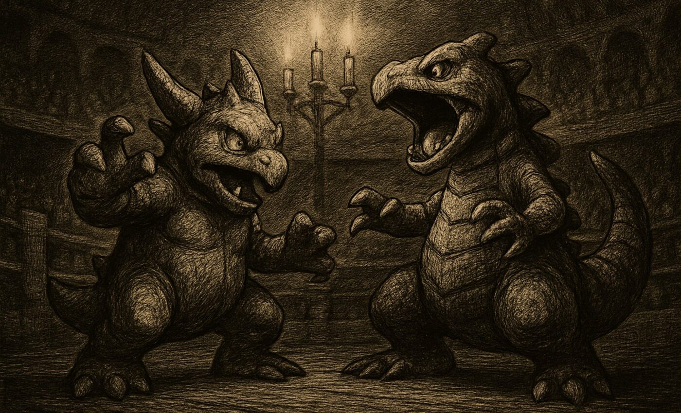 A trained creature stands upon a grand arena floor, facing its rival while many watch in silence.