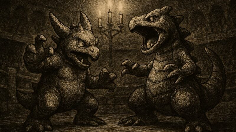 A trained creature stands upon a grand arena floor, facing its rival while many watch in silence.