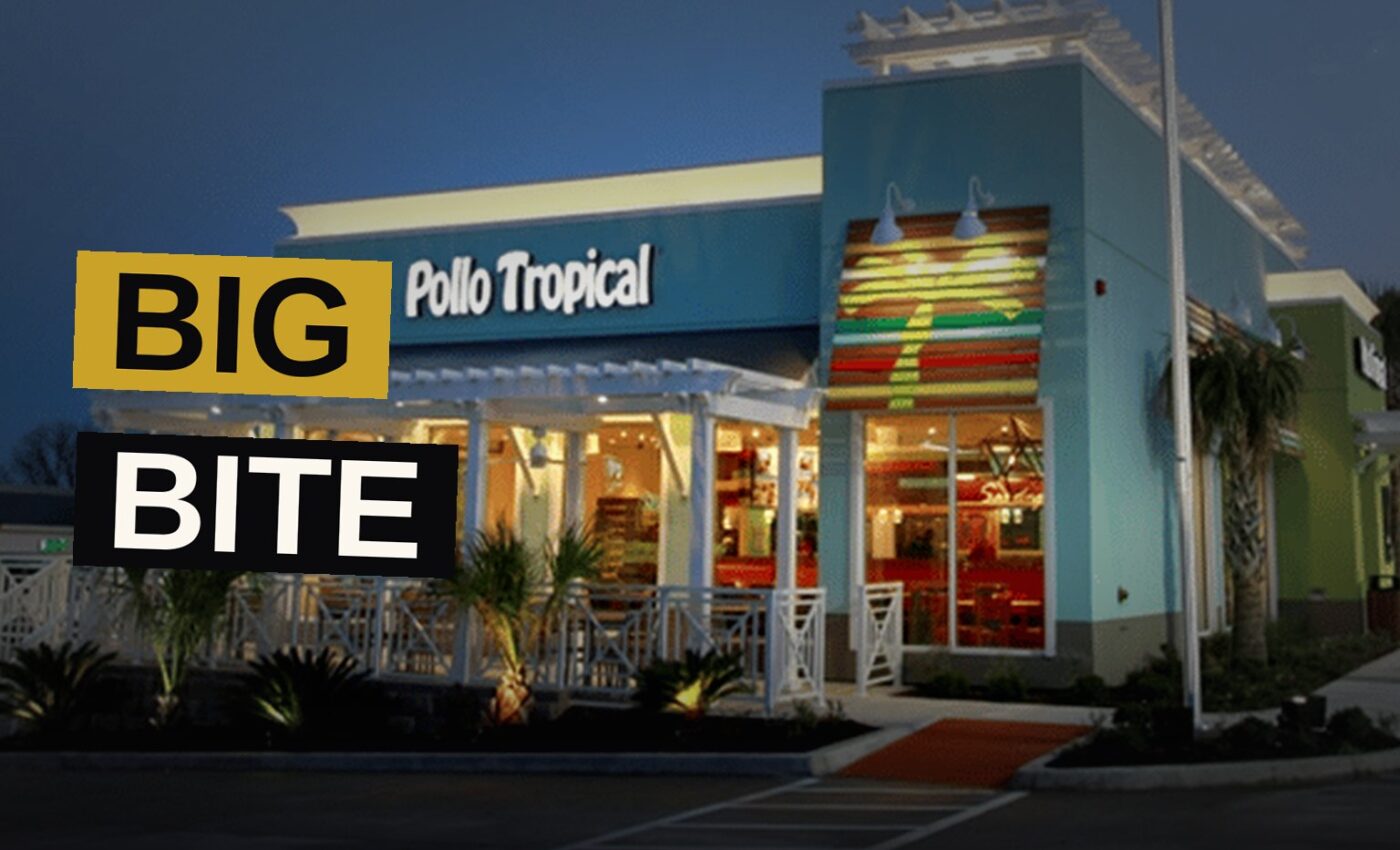 A Pollo Tropical restaurant at dusk with glowing signage and palm trees, suggesting expansion.